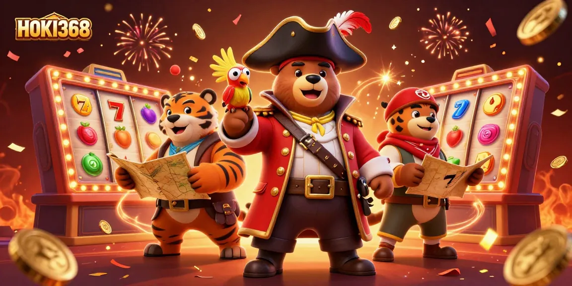 Spin the reels of HOKI368 in a vibrant 3D casino scene with a pirate bear and tiger!
