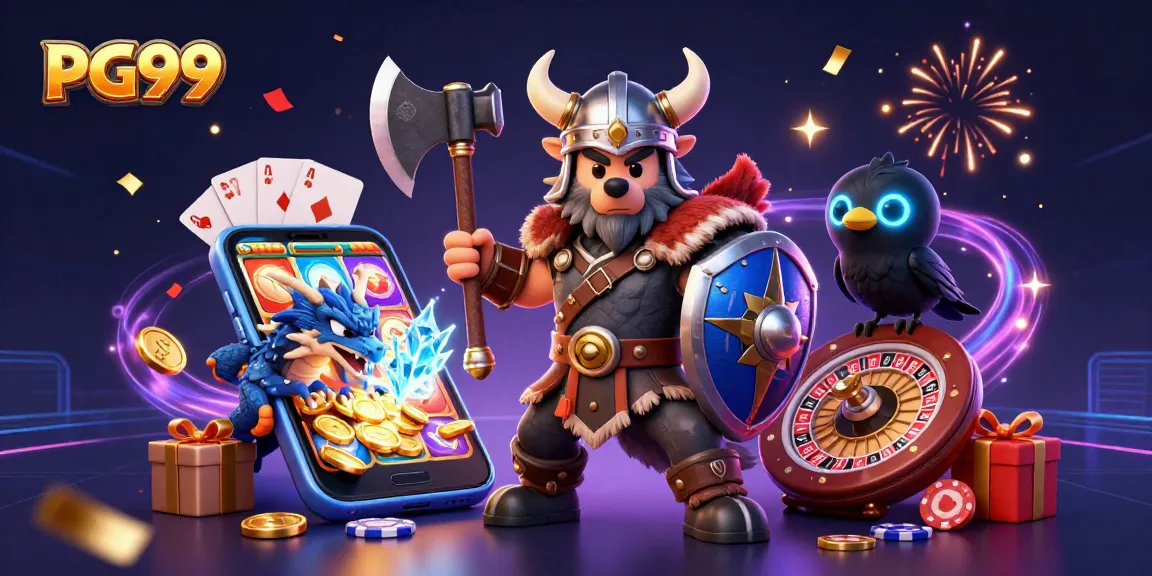 Engage with PG99's vibrant casino adventure featuring a Viking warrior, dragon, and dynamic gaming elements.