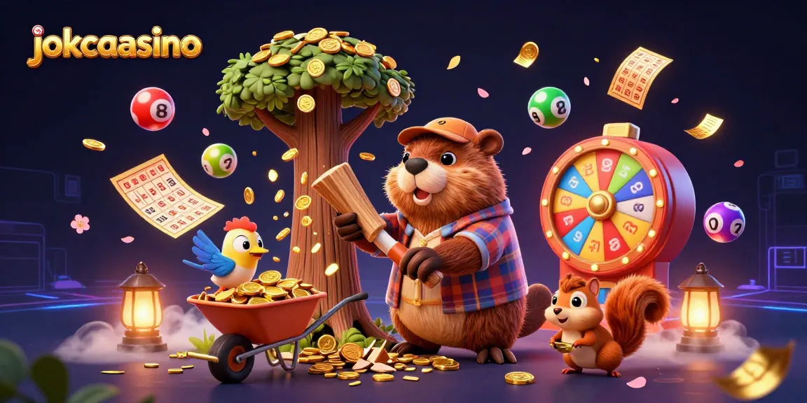 Experience thrilling wins at jokacasino with a vibrant illustration of a beaver, bird, and squirrel collecting coins.