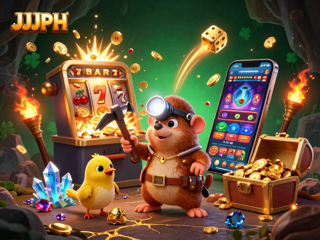 Experience thrilling wins at JJJPH with a treasure hunter mole in an enchanting casino scene.