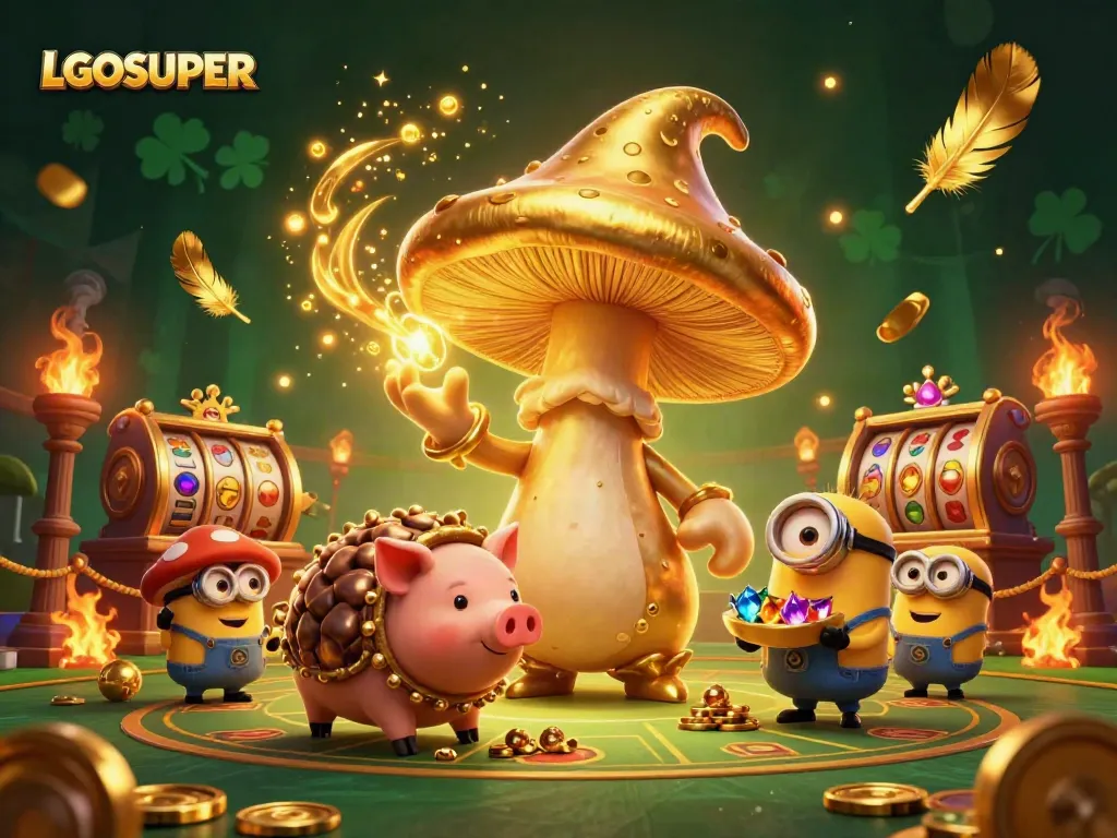 Feel the thrill with LGOSUPER's golden mushroom wizard and treasures from a vibrant casino scene.