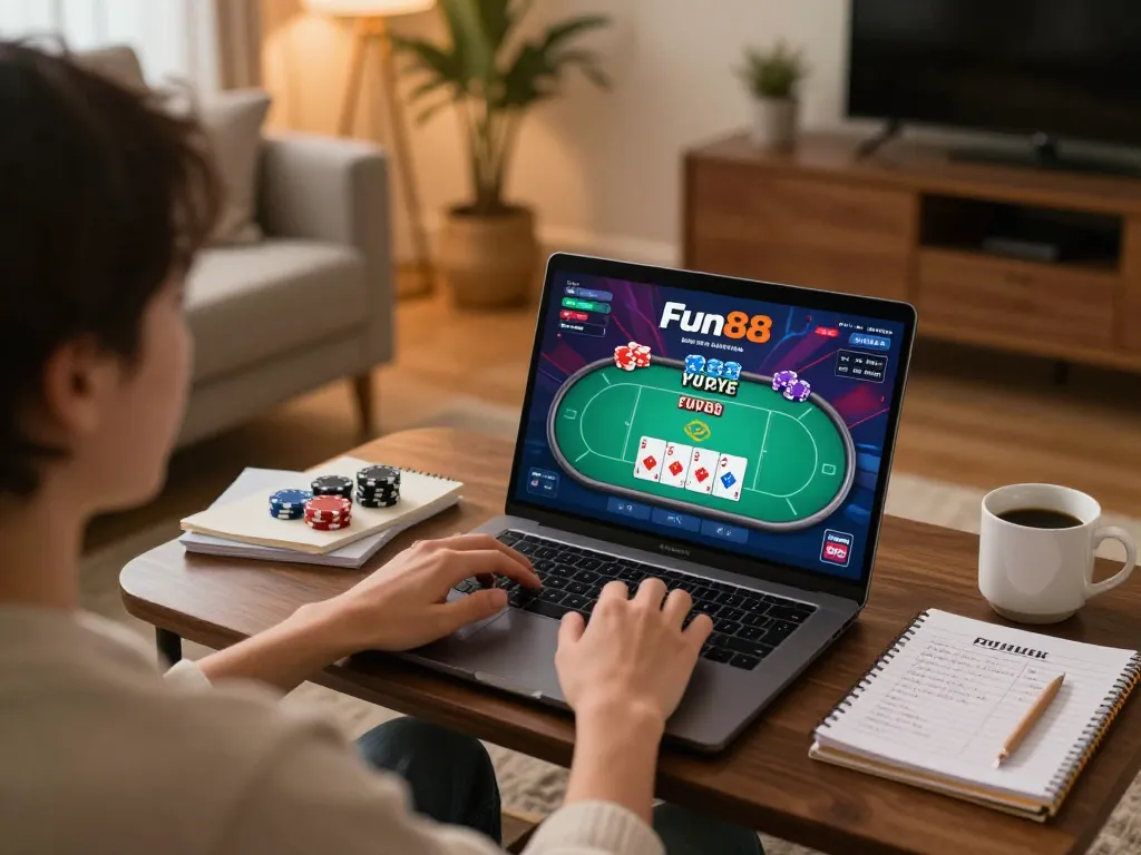 Enjoying Fun88 gameplay at home with a detailed poker interface and cozy atmosphere
