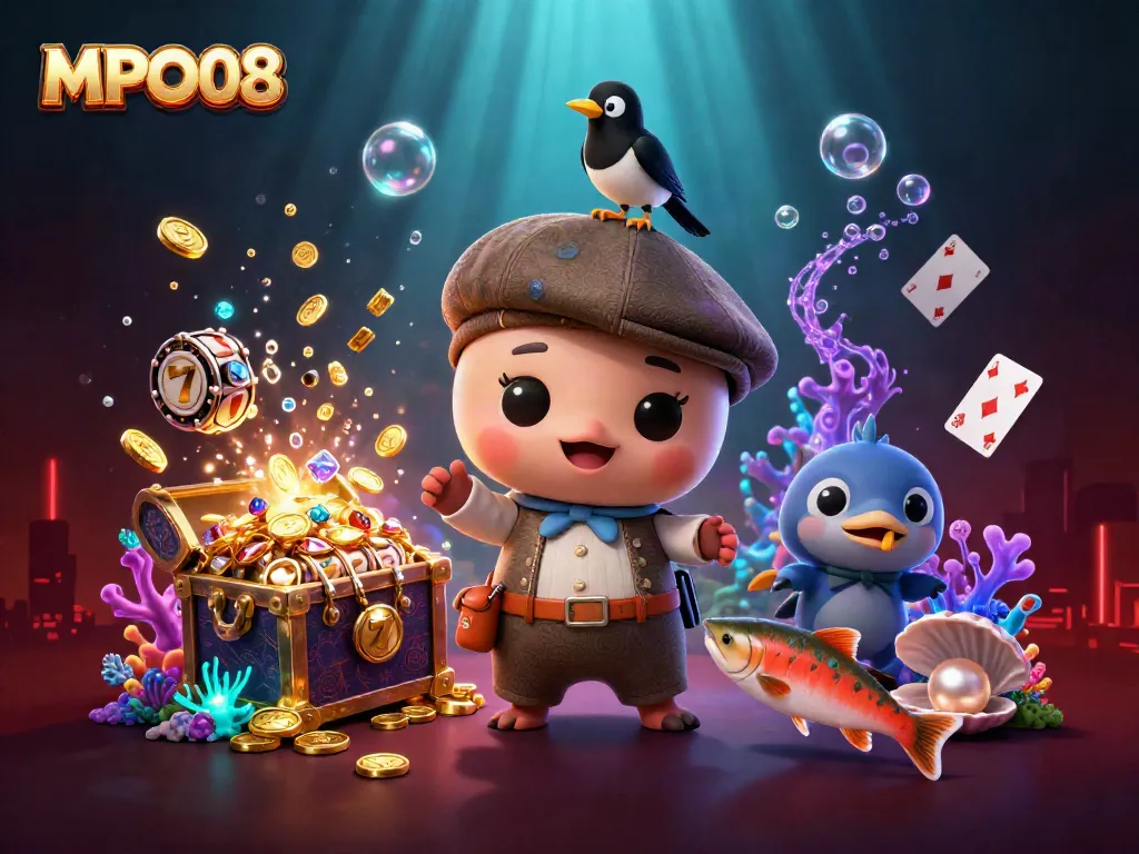 MPO08 showcases a vibrant underwater casino scene with Nessie and gold treasures.
