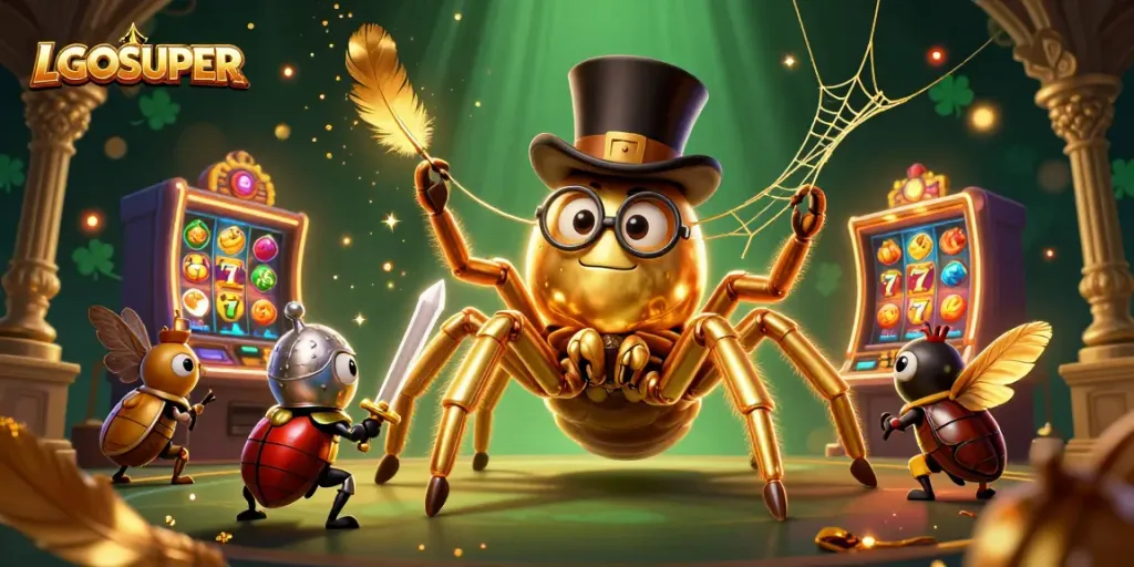 Engage with LGOSUPER's vibrant casino adventure featuring a golden tarantula and beetle knight.