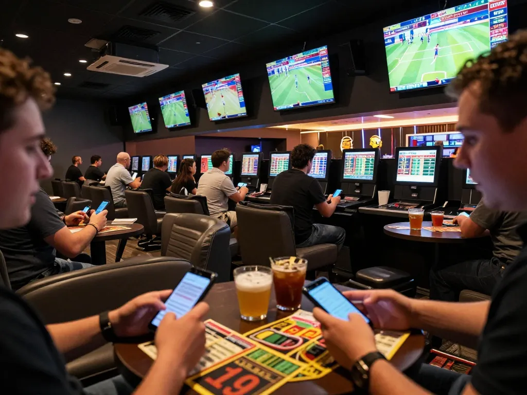 Engaged sports bettors placing wagers on 7m through mobile devices in lively lounge.