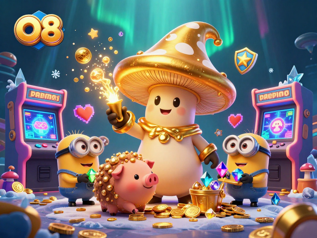 Win big at O8 Casino with vibrant 3D illustration showcasing magical treasures and gaming excitement.