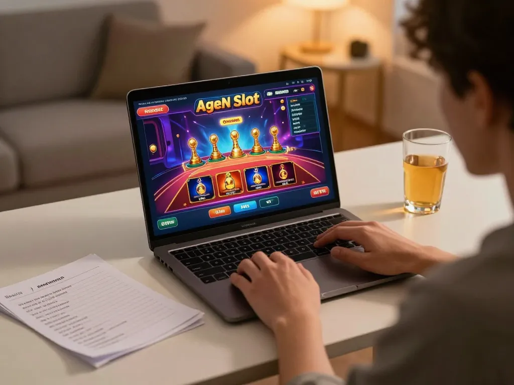 A person enjoying Agen Slot online gameplay on a laptop, surrounded by strategy notes and a drink.