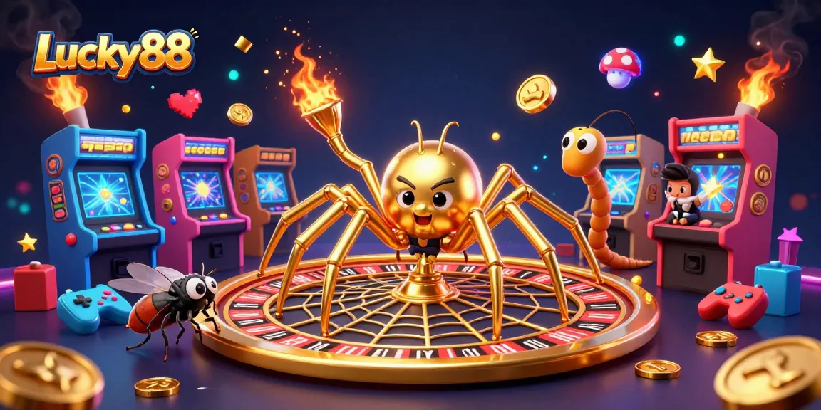Lucky88 illustration with a golden spider and colorful casino elements for a vibrant gaming experience.