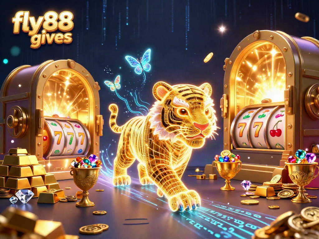 Experience the thrill of fly88 gives with an energizing casino scene filled with vibrant slot reels and treasures.