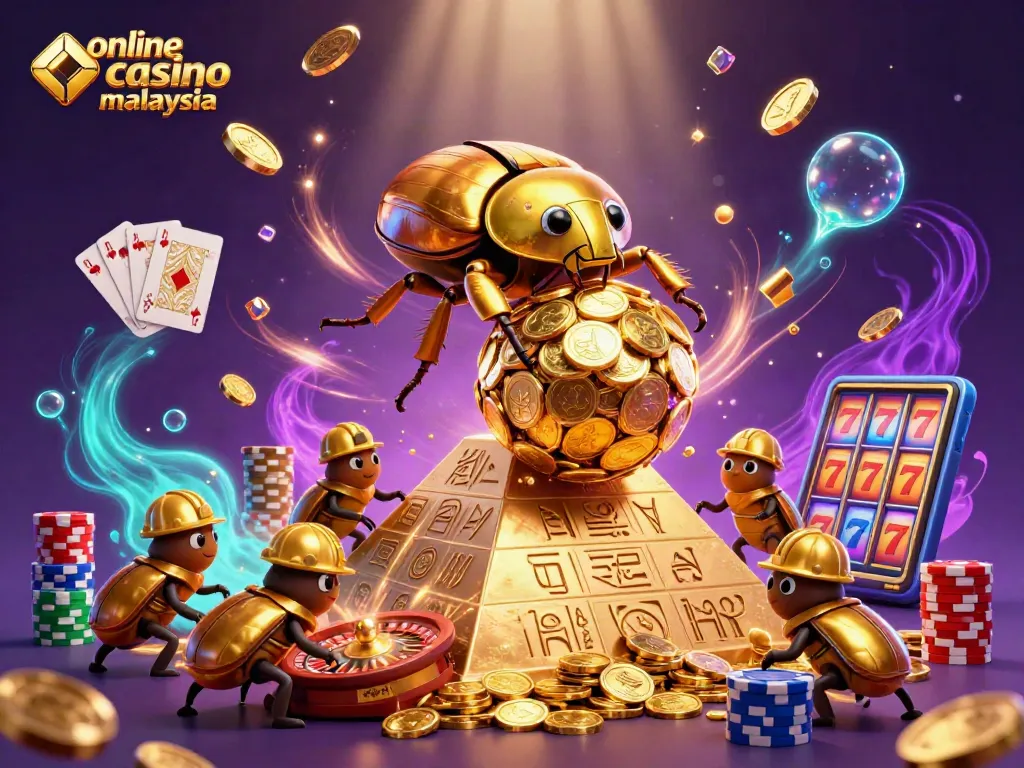 Engage with top online casino malaysia through a vibrant scene of golden beetles and casino elements.