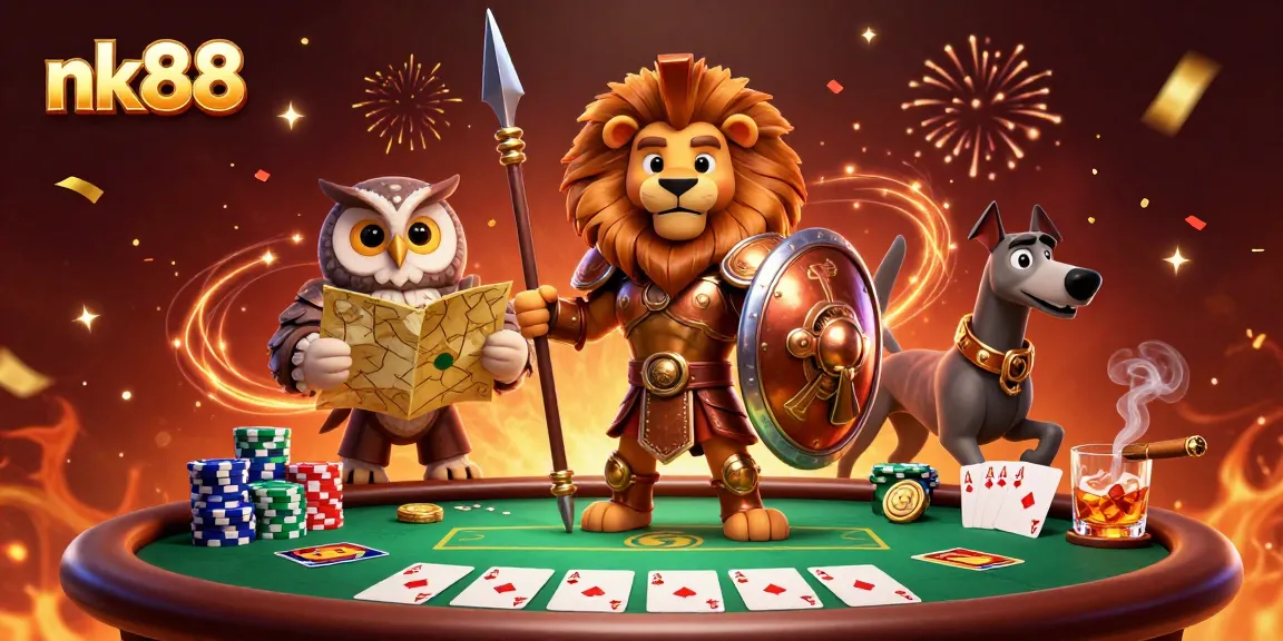 Experience thrilling gameplay at nk88, featuring a cartoon Spartan lion, owl strategist, and greyhound amid poker excitement.