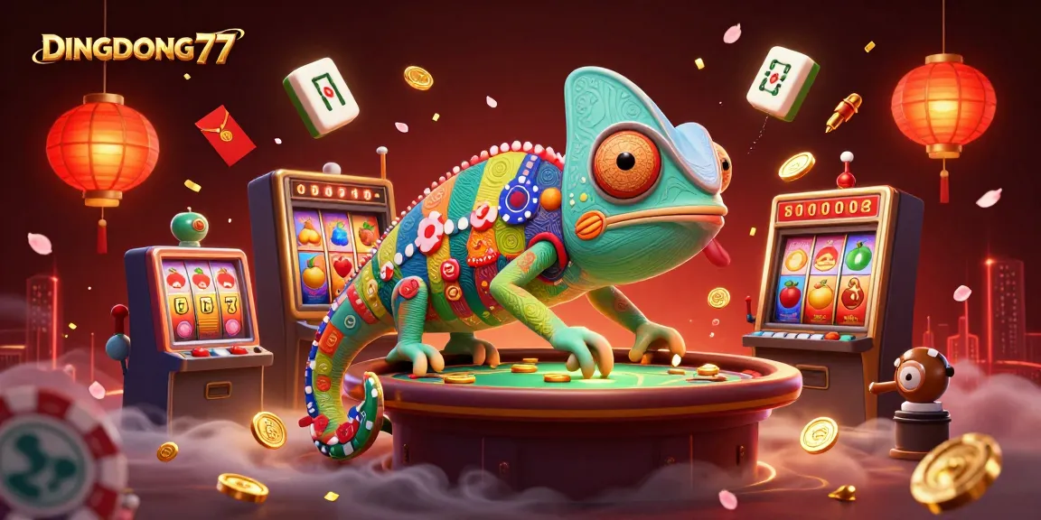 DINGDONG77 showcases vibrant slot game action with a dynamic chameleon casino owner surrounded by rich casino elements.