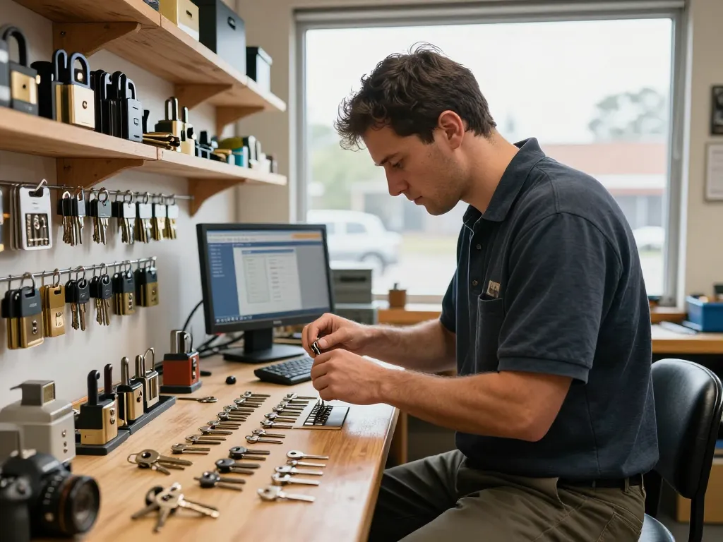 Professional locksmith at PSL Lock and Key Fort Pierce rekeying multiple locks in a bright workshop.