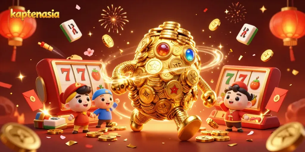 Experience thrilling gameplay at kaptenasia with a vibrant digital casino illustration showcasing slots and festive elements.