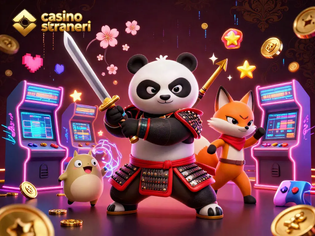 Gioca ai casino online stranieri con panda samurai e ninja nella scena vibrante e ricca di dettagli.