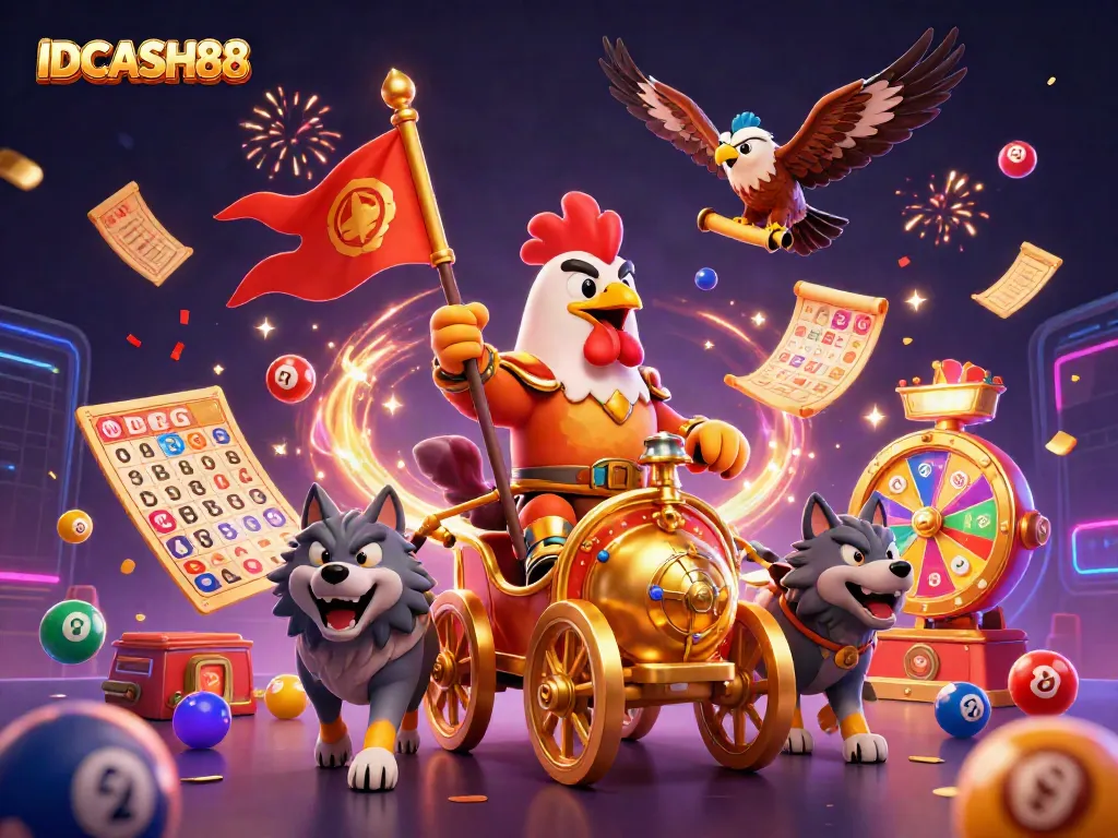 Experience thrilling adventures with IDCASH88, featuring vibrant characters and exciting gaming elements in this dynamic illustration.