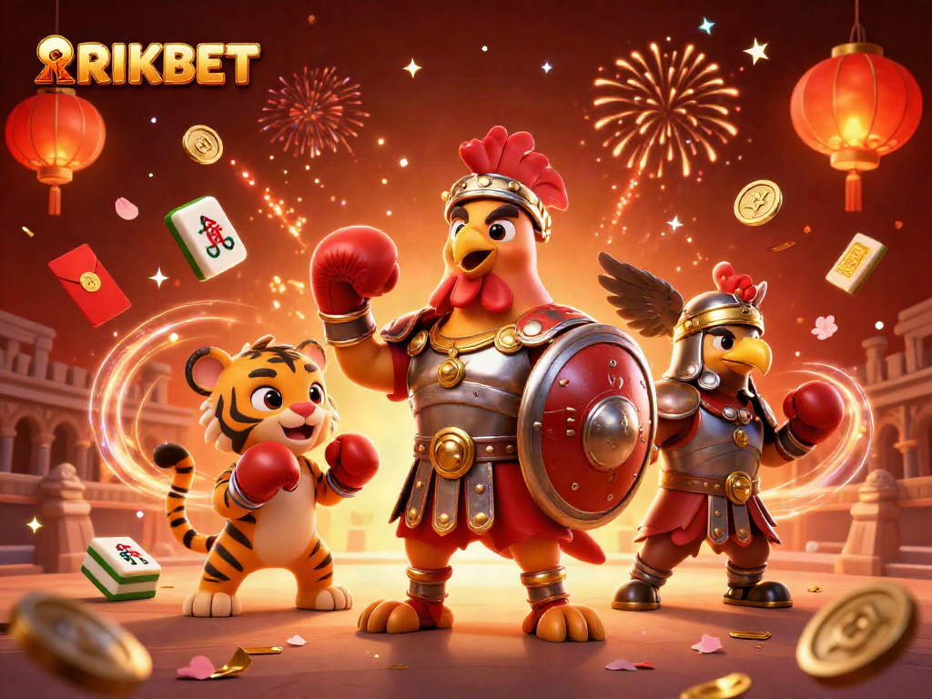 Engage with RIKBET as a glimmering 3D casino battle unfolds in a vibrant colosseum scene.