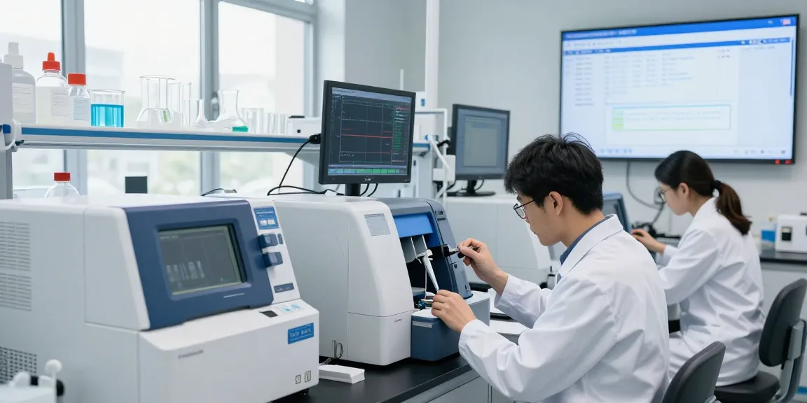 Aegean Labs' high-precision laboratory with scientists conducting peptide analysis using advanced HPLC techniques and mass spectrometry.
