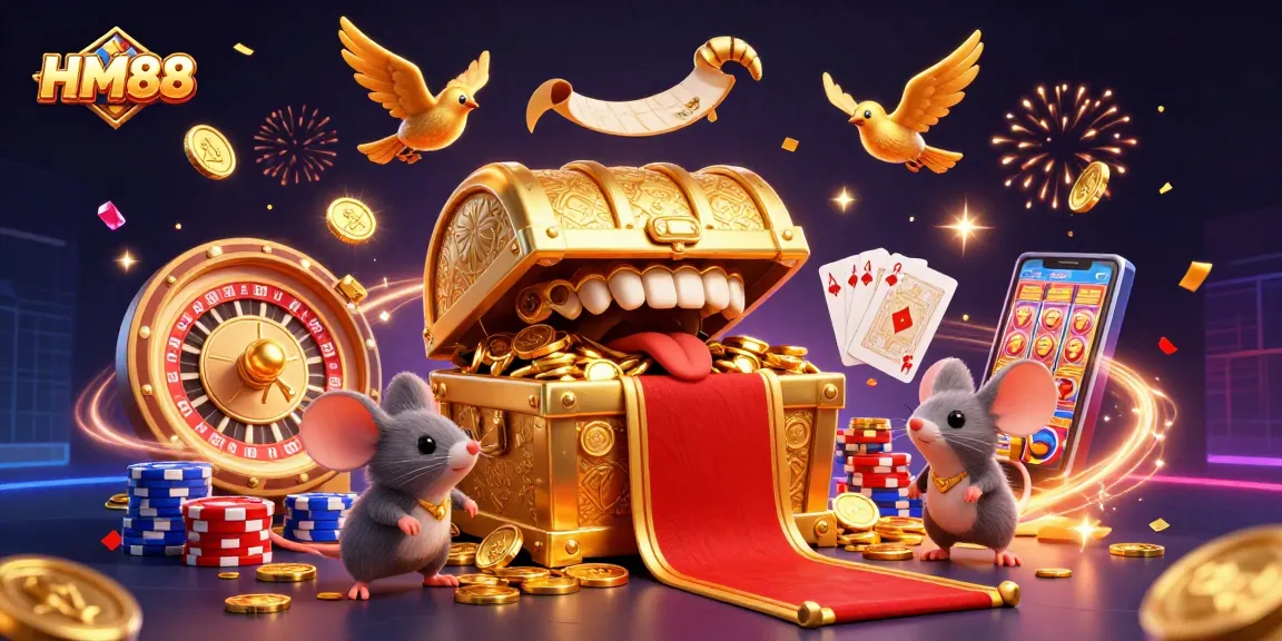 Experience the thrill of winning at HM88, with vibrant casino elements and adventure characters showcasing the excitement of online gaming.