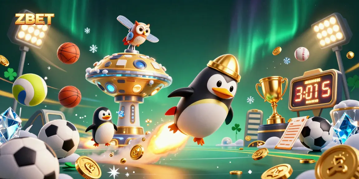 ZBET brings exhilarating sports betting action with a dynamic golden penguin and vibrant casino elements.