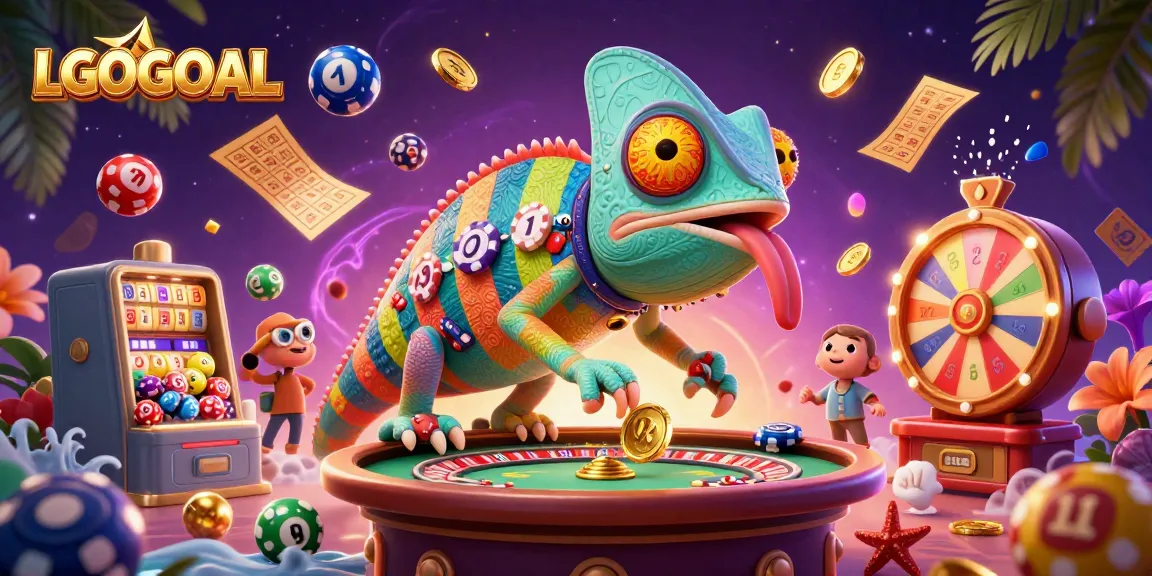 Experience exciting gambling games with LGOGOAL while vibrant colored balls bounce around a chameleon casino owner.