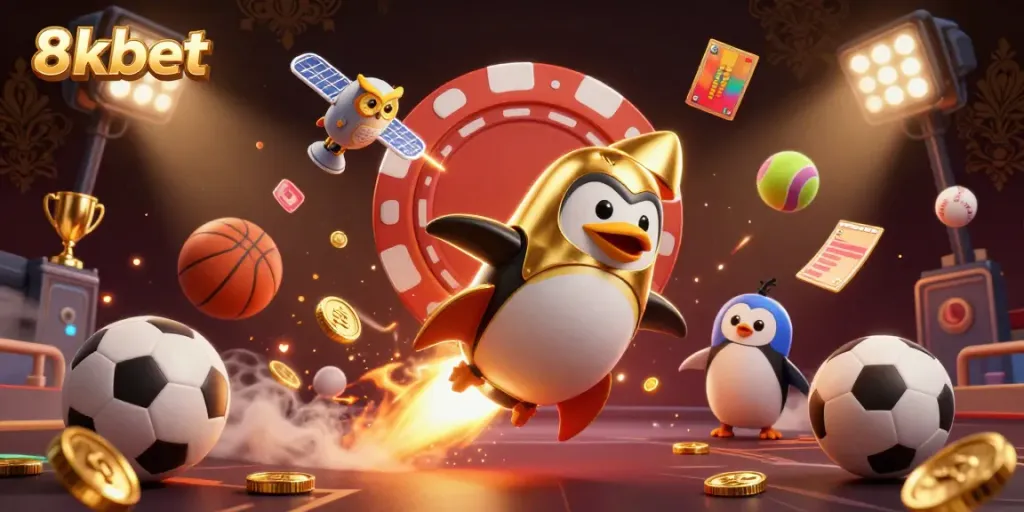 Experience the excitement of 8xbet with a vibrant illustration of a golden penguin flying to a casino