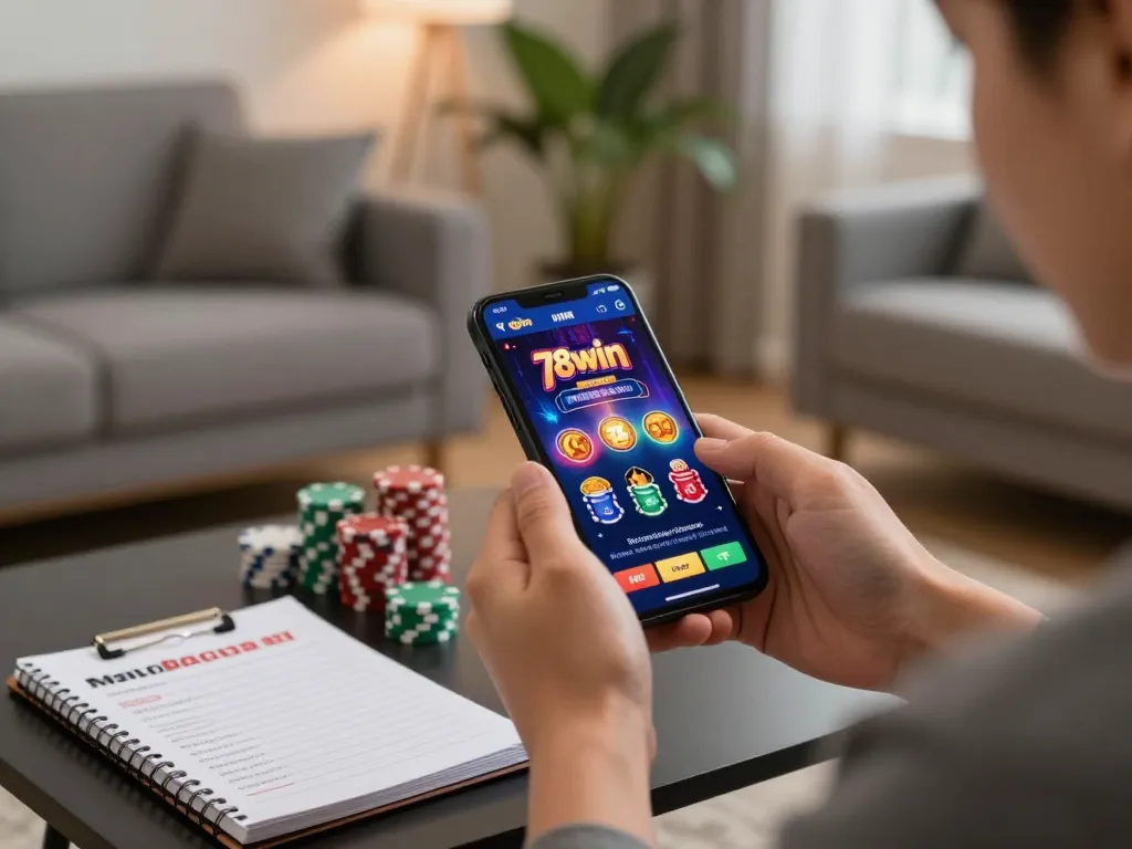 Engaging with the 78win casino app for responsible online gaming in a cozy setting.