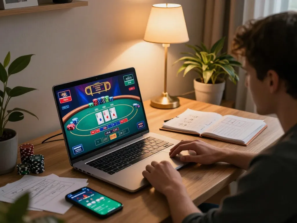Player exploring GK88 online casino on a laptop, engaging with live dealer gameplay.