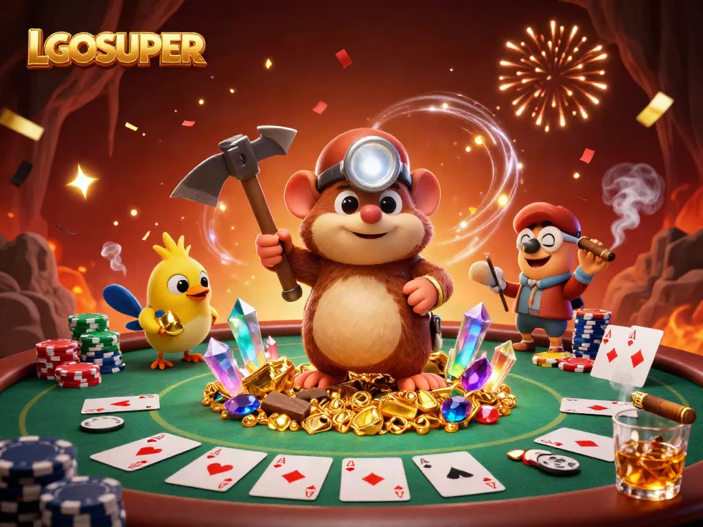 Join the excitement at LGOSUPER, where a treasure hunter mole explores a vibrant casino scene full of poker action.