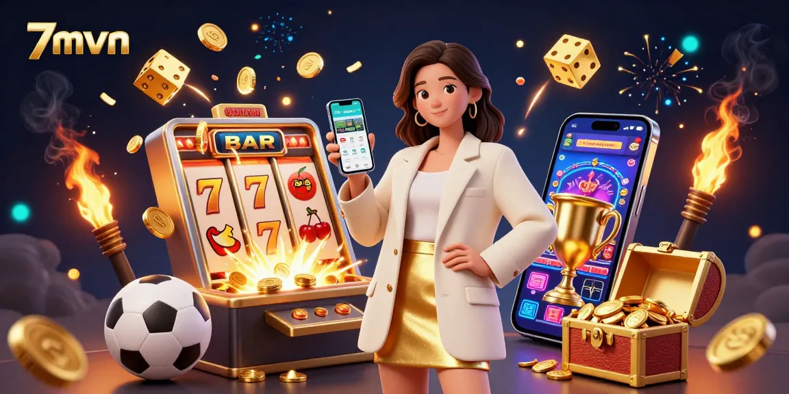 Engage with 7mvn's sports betting app showcased by a friendly Asian woman amid dynamic casino elements.