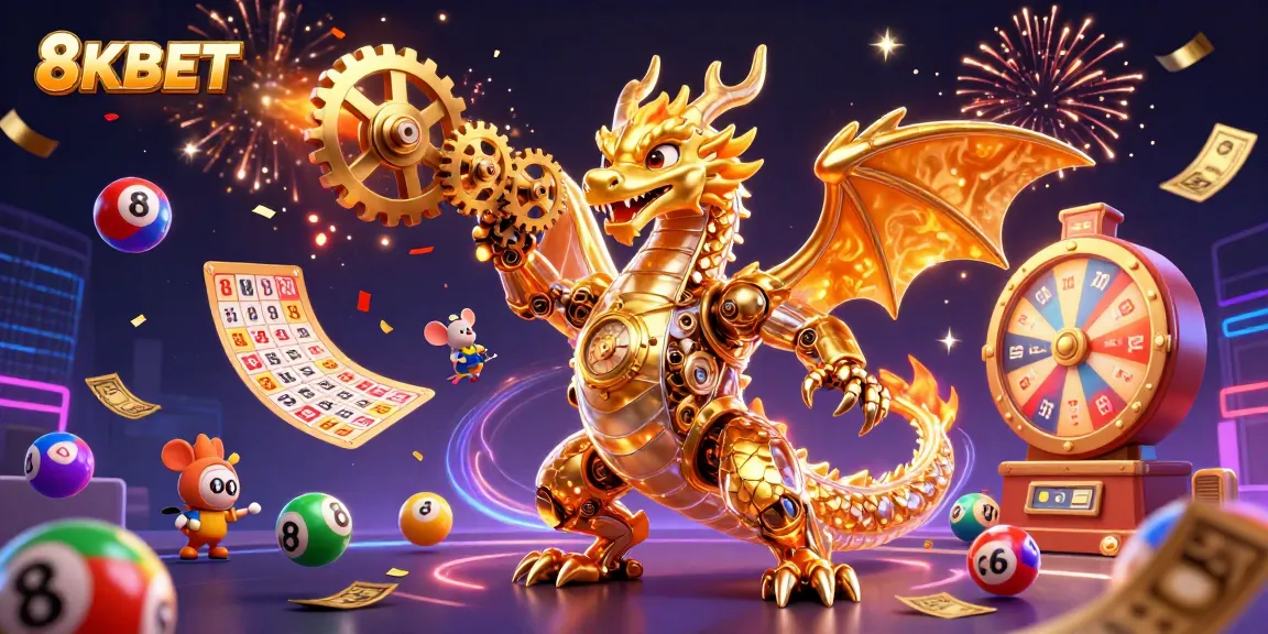 Engage with 8KBET through dynamic lottery games featuring colorful balls and prize wheels.