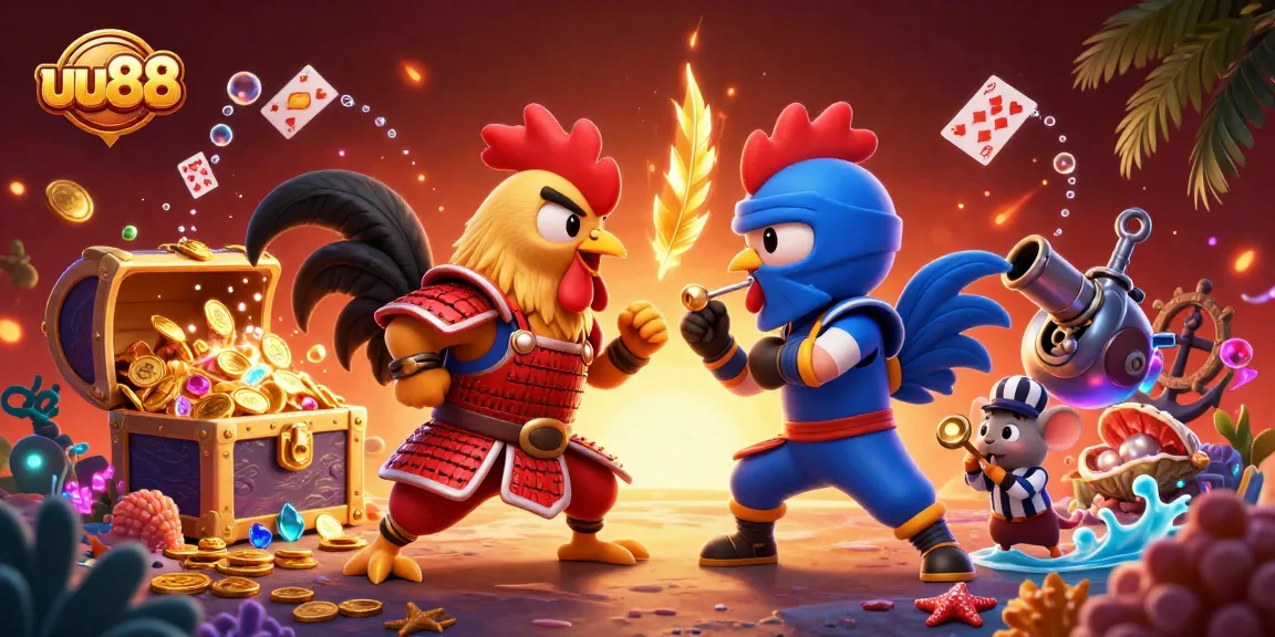 uu88 showcases a thrilling standoff between cartoon roosters in a vibrant gambling world filled with treasures.