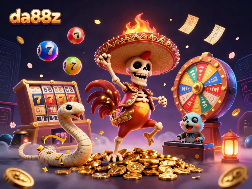 Experience exhilarating wins at da88z with a vibrant 3D casino scene filled with dynamic slot and lottery elements.