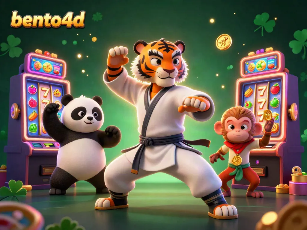 Bento4D illustration showcasing a Kung Fu tiger master amidst vibrant slot machines and golden coins, emphasizing casino excitement.