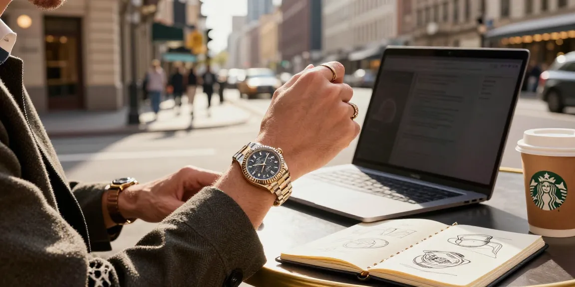 The essence of luxury with Rolex super clone watches, showcased in an urban café setting with stylish accessories.
