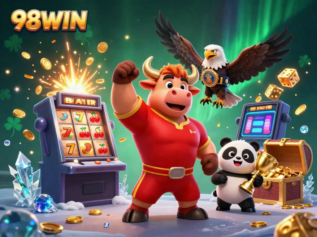 Experience thrilling wins with 98WIN as a bull, eagle, and panda celebrate casino games!