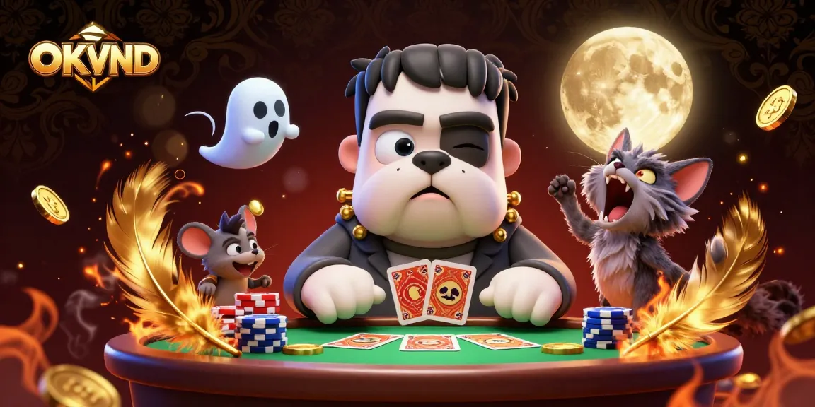 Engage with OKVND in this immersive 3D casino scene featuring a unique bulldog dealer and playful ghost elements.