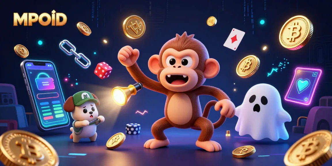 MPOID showcases a dynamic scene of a playful poltergeist monkey juggling gold coins in a haunted casino environment.
