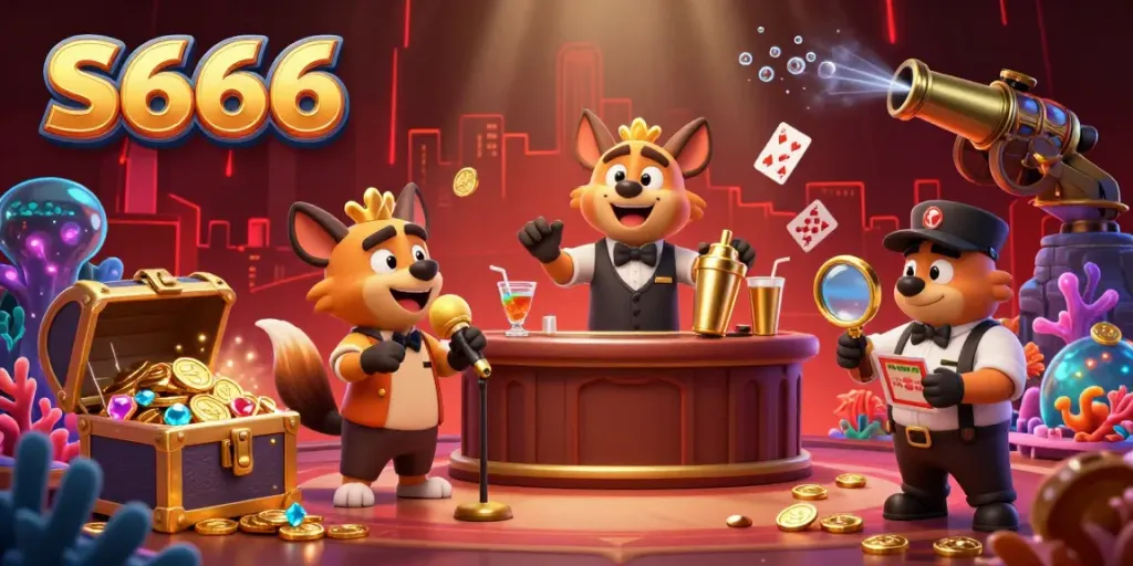 S666 casino illustration featuring cartoon hyenas engaging in gambling activities.