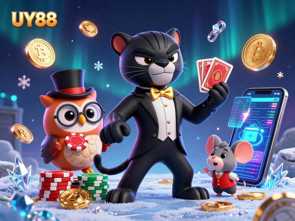 Engage with UY88 in this vibrant casino scene featuring stylish characters and cryptocurrency elements.