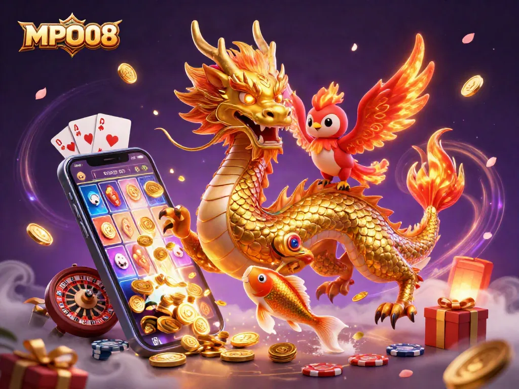 MPO08 captures the excitement of gaming with a golden dragon, phoenix, and koi surrounded by slot games.