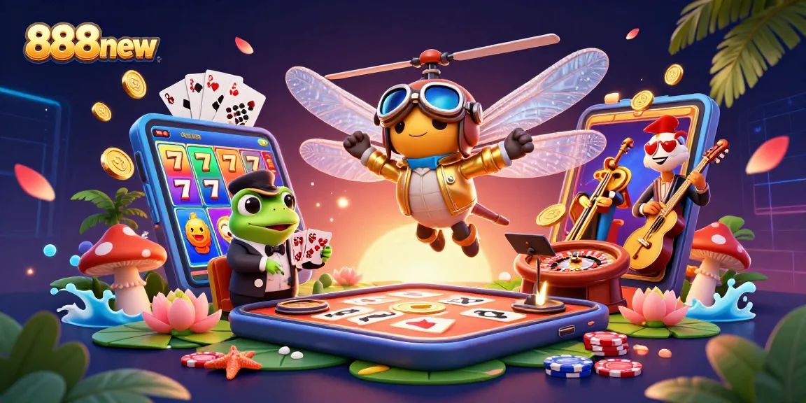 Play exciting games at 888new while enjoying a dynamic, colorful casino scene with vibrant characters and spinning slot reels.