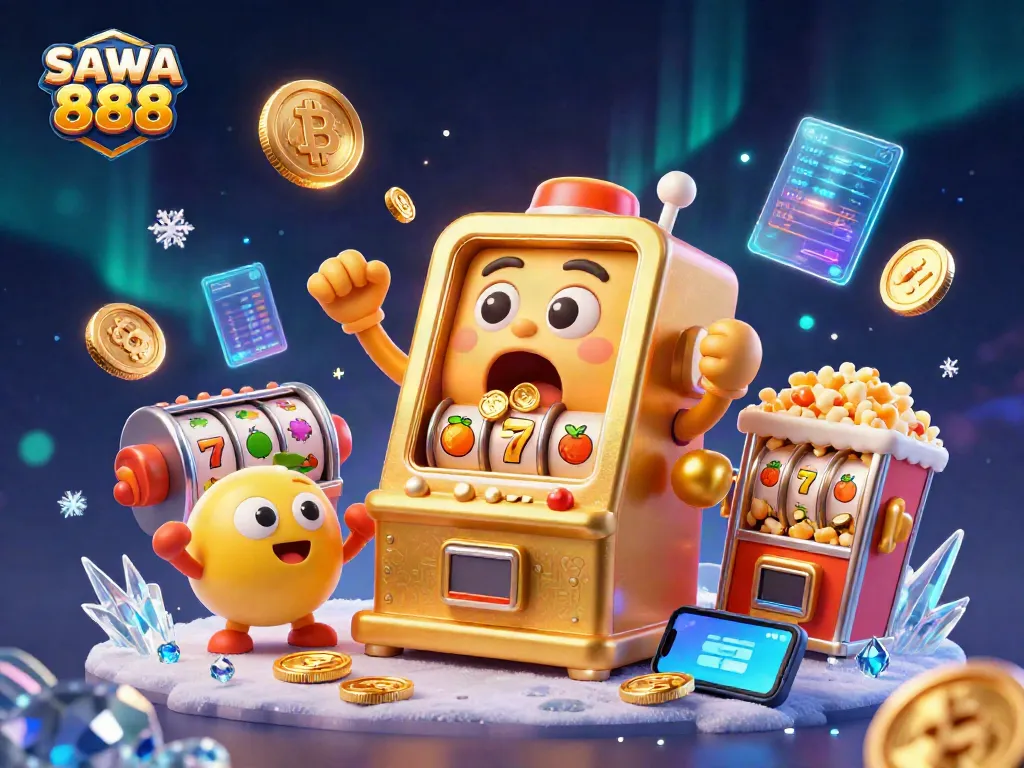 Spin the jackpot on SAWA 888 with golden slot machines, coins, and vibrant neon effects.