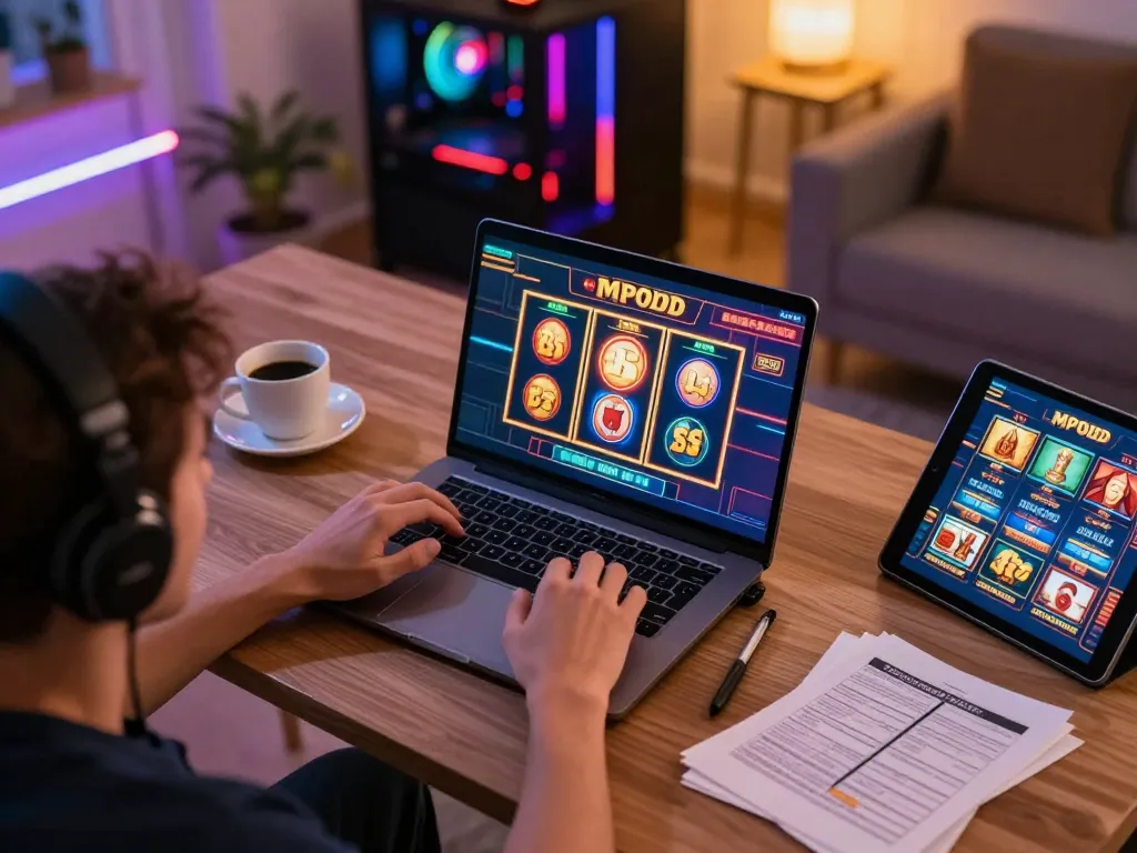 Engaged player enjoying mpoid slot on laptop while managing bankroll with notes at home