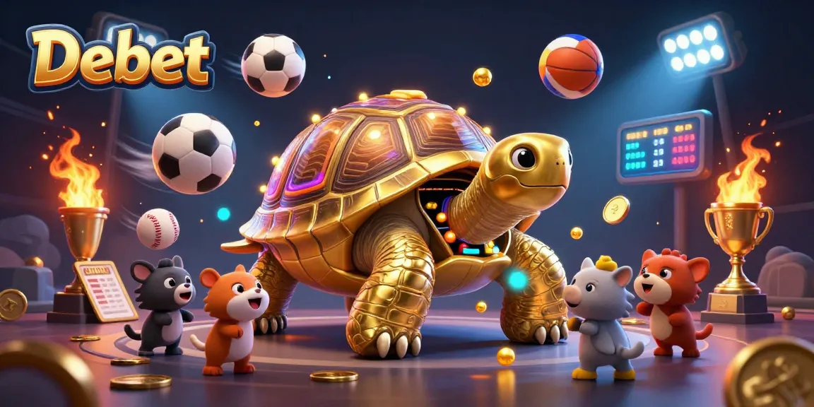 Experience exhilarating sports betting with Debet's 3D illustration of a golden tortoise-style pinball machine.