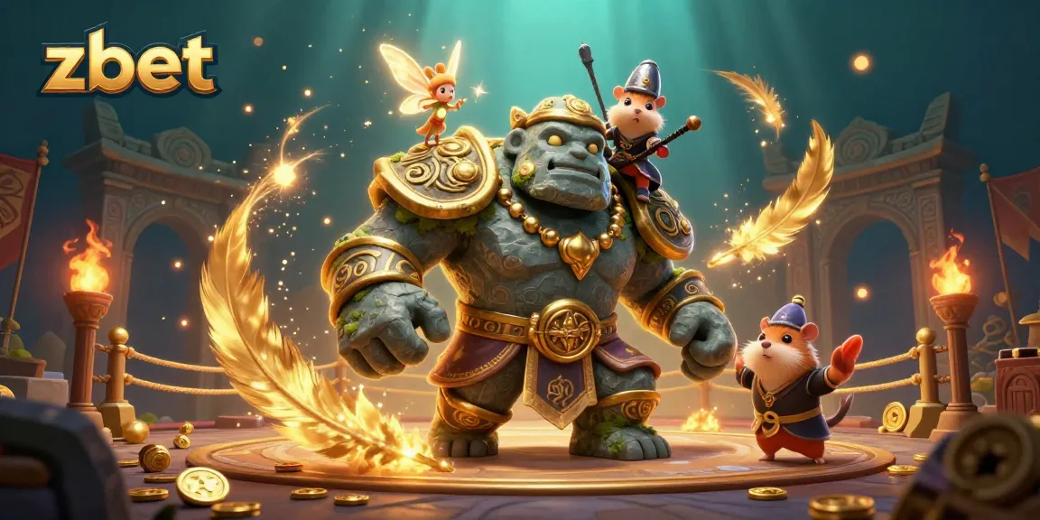 Experience immersive gaming action with zbet, featuring a magical golem and knight in vibrant casino art.
