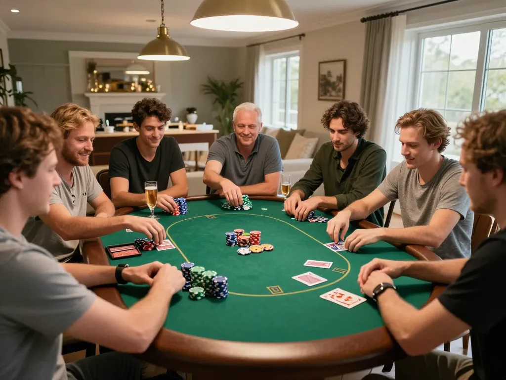 Players enjoying a home poker night, strategizing their bets with friends at the F168 gaming table.