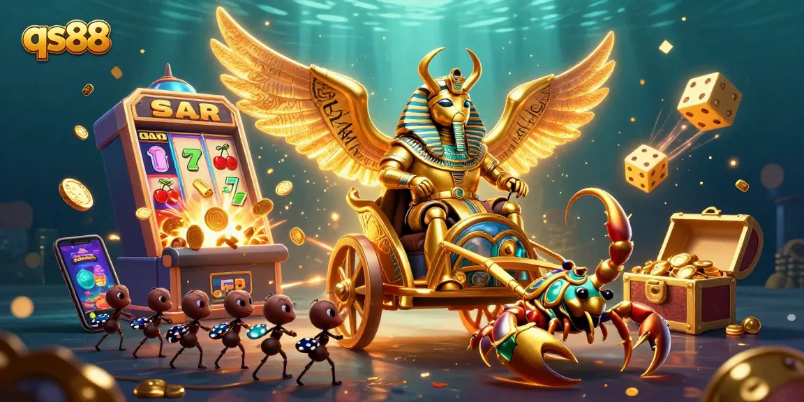Experience the excitement of qs88 with a vibrant 3D casino scene featuring a golden scarab and jackpot elements.