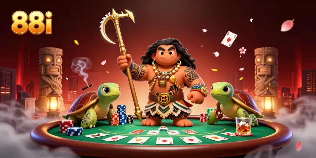 Experience the thrill of 88i with a vibrant poker scene featuring a demigod, turtle, and exciting casino elements.