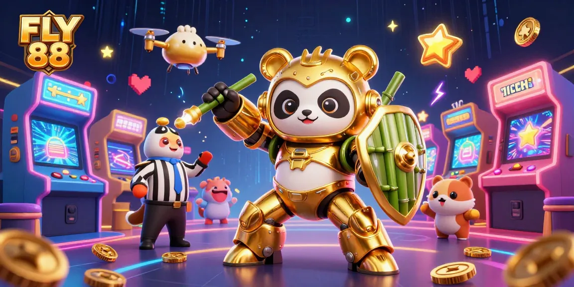 Experience the action of FLY 88's vibrant casino arena featuring a golden panda in a mech-suit.